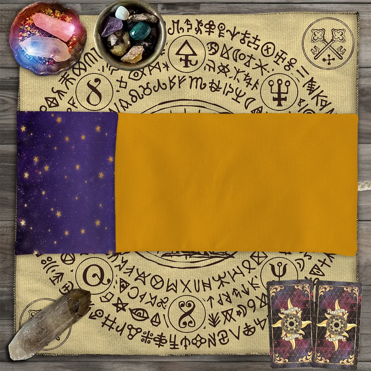 Tiefviolette Aufbewahrungstasche für Tarotkarten, goldene fünfzackige Stern-Tarot-Aufbewahrungstasche, weißes Licht, Spotlicht, rosa Nebel, Wahrsagerei-Tasche