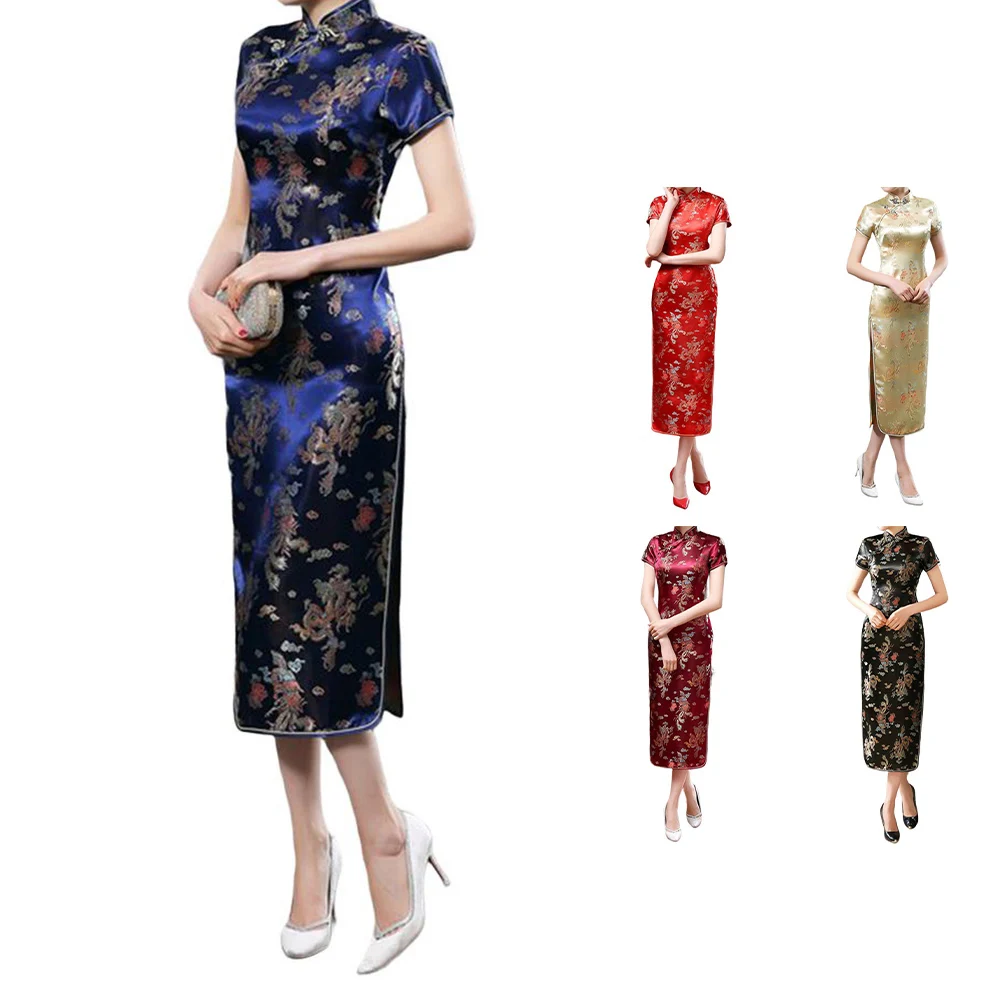 

Женское Cheongsam с принтом, женское традиционное китайское длинное платье в стиле ретро, облегающее платье с разрезом и воротником-стойкой