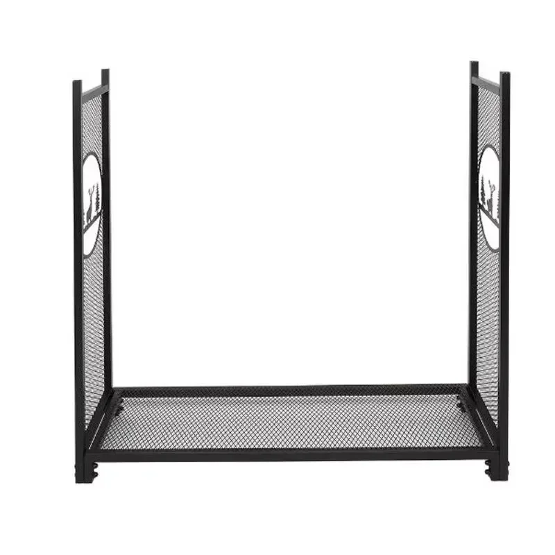 European Simple Black Mesh Wrought Iron Floor Standing Firewood Storage Rack Log Organizer With Partition Home and Outdoor