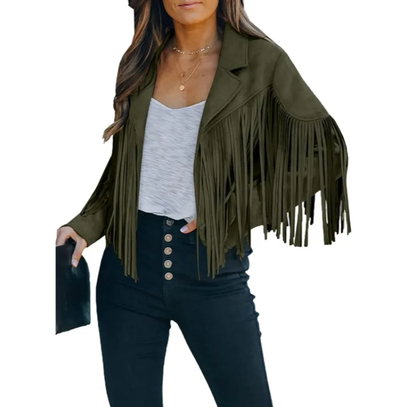 New Autumn Collection Fringed Suede-like Jackets Women Solid Colors with Lapels Short Form-fitting Autumn Winter Coat for Women