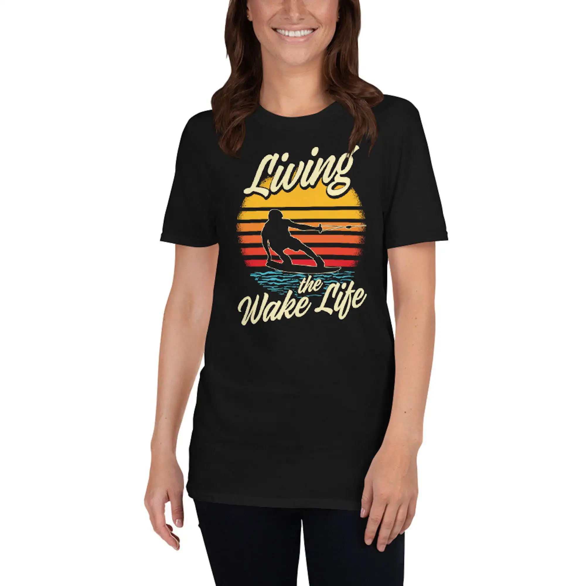 Wakeboarder T Shirt I Living The Wake Life Retro Sunset Wakeboarding