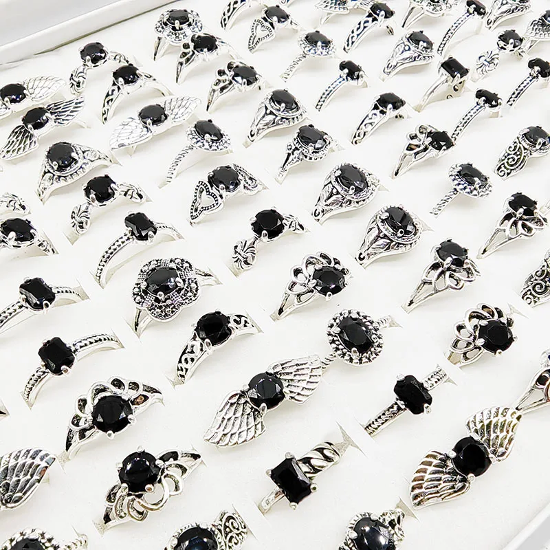 خواتم أكريليك سوداء مشتركة للنساء والفتيات ، طبق فضي عتيق ، مجوهرات أصابع ، حفلات ، مقاس مختلط ، أزياء ، بيع بالجملة ، جديد ، 20: الكثير #3