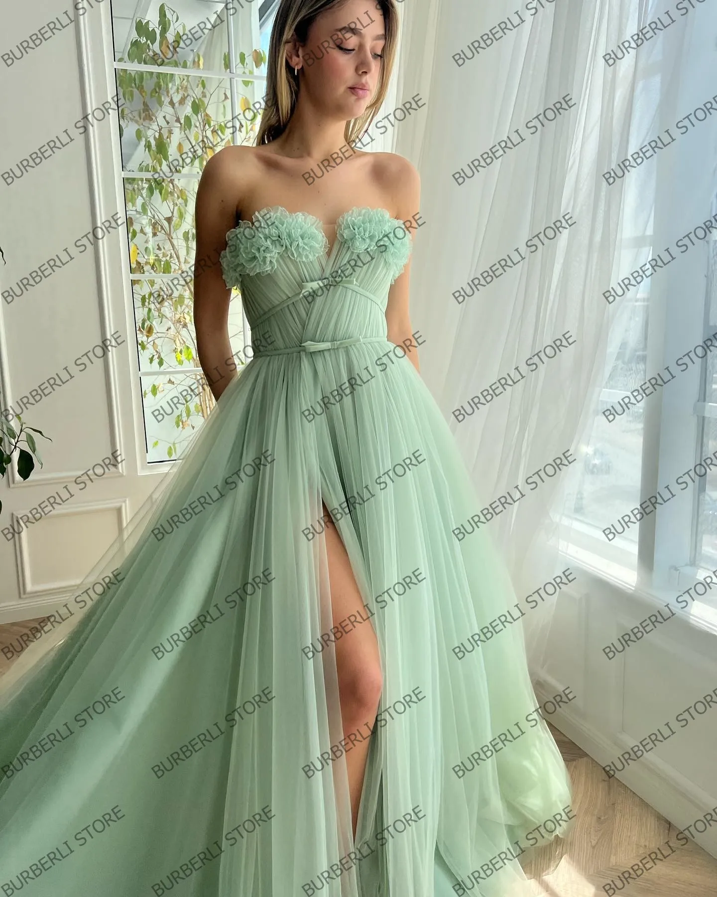 Unique Mesh Flowers Long Prom Dresses Sexy High Slit Tulle Puffy Women Summer Party Dress Elegant Mesh Puffy Brithday Gowns