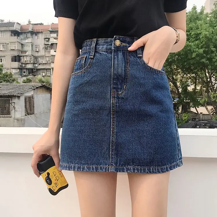 

High Waist A-Line Skirt Women's Denim Versatile Slimming plus Size Wrap Spring Summer New Sle Casual Pure Color