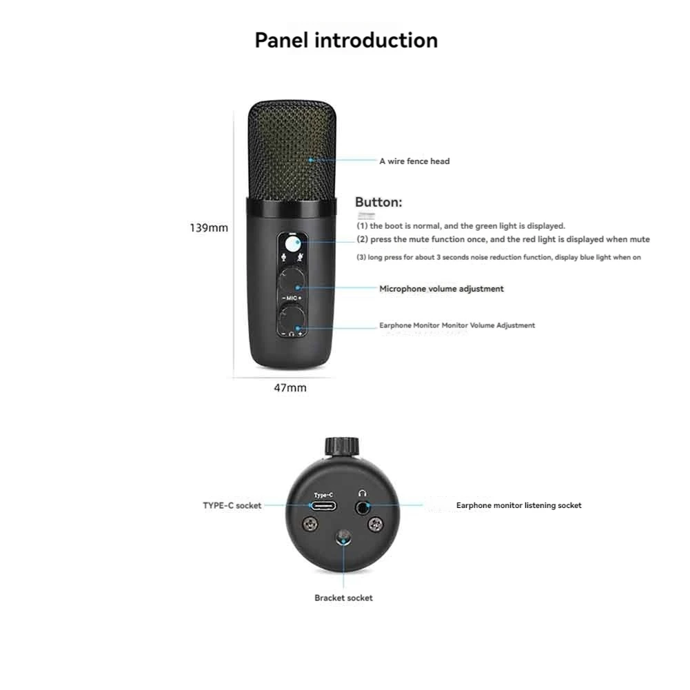 Microfone de jogo condensador de desempenho estável-USB para PC com iluminação RGB brilhante