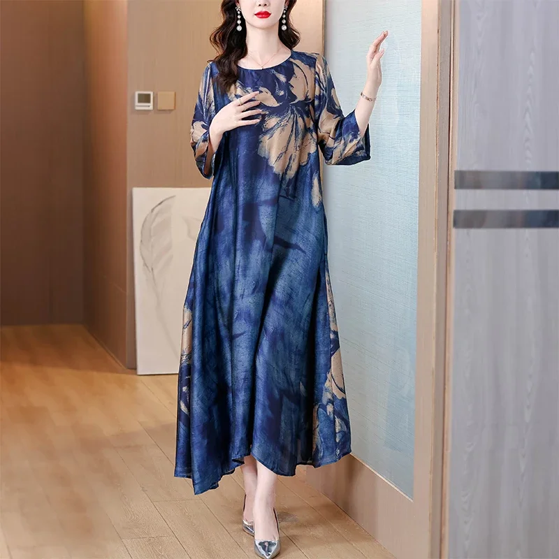 ヴィンテージプリントブルーシルクサテン高品質ドレスエレガントな女性のボディコン Vestidos 夏カジュアルプラスサイズミディドレス JJ15