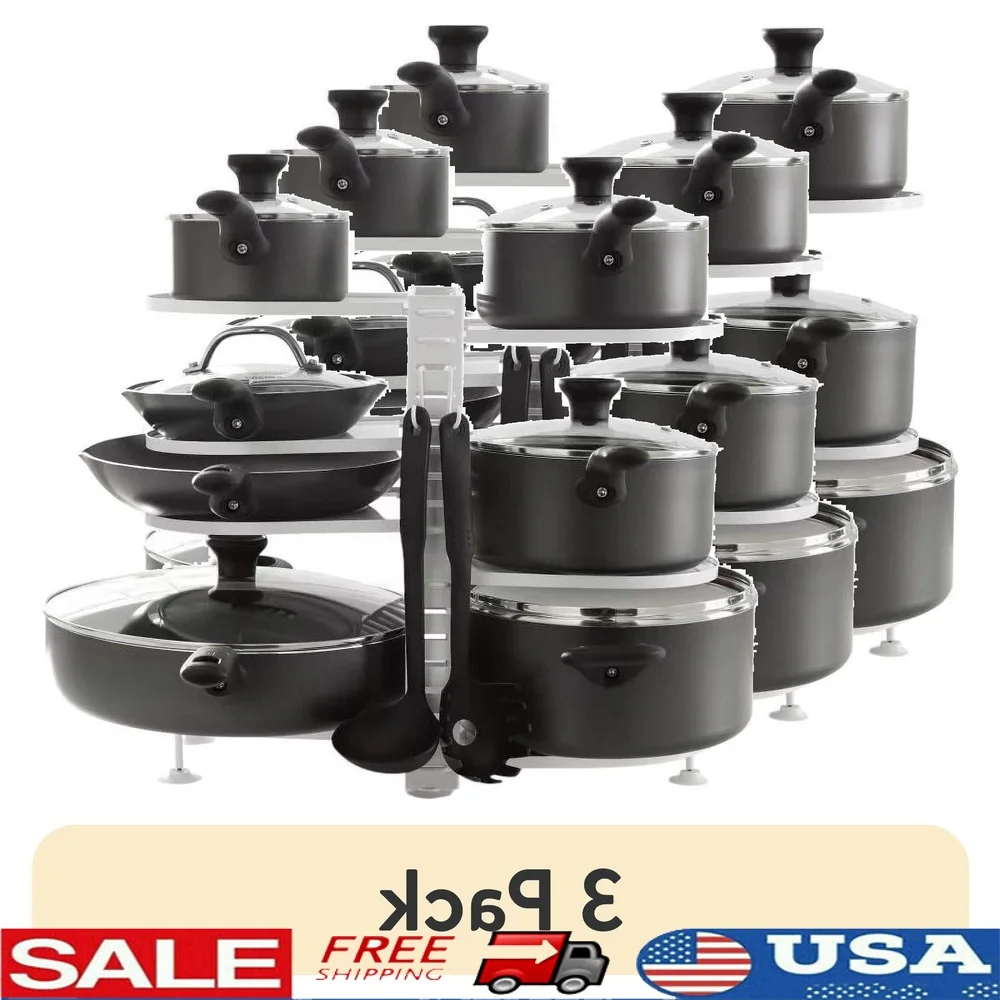 

3 Pack Pot Pan Organizer 8 Adjustable Shelves Sturdy Steel Storage Solution Kitchen Countertop Cabinet No Tools Assembly