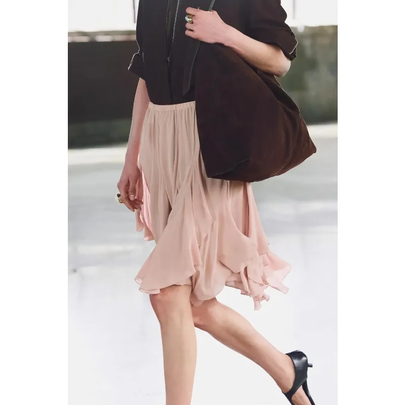 2025 가을 패션 편안한 레이어드 장식 롱 스커트 신상 여성 의류 섹시한 하이웨이스트 A라인 미디 솔리드 스커트