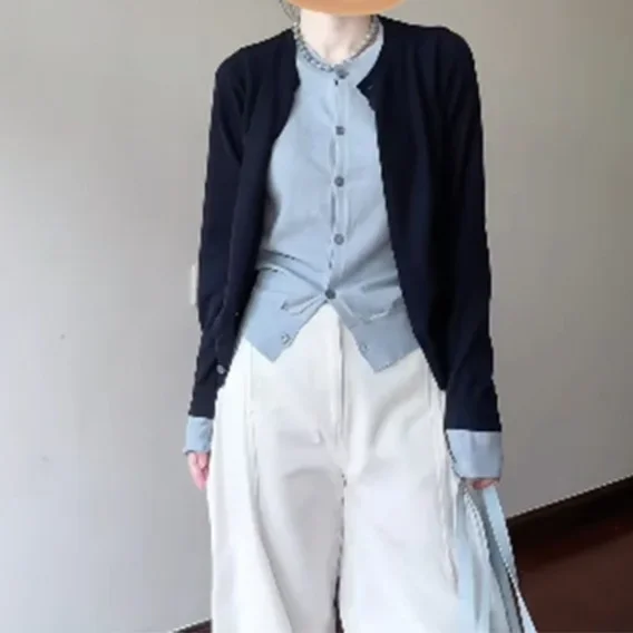 

For Women Spring Autumn FashionLight Blue And Royal Blue Striped Knitted Cardigan Short Sleeve Crew Neck Pullover Sweater