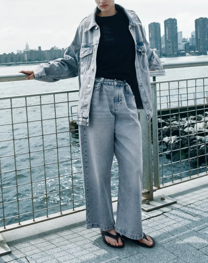 Conjunto de duas peças com jaqueta jeans foada e calça jeans de cintura média, novidade da primavera, roupa fena modern...