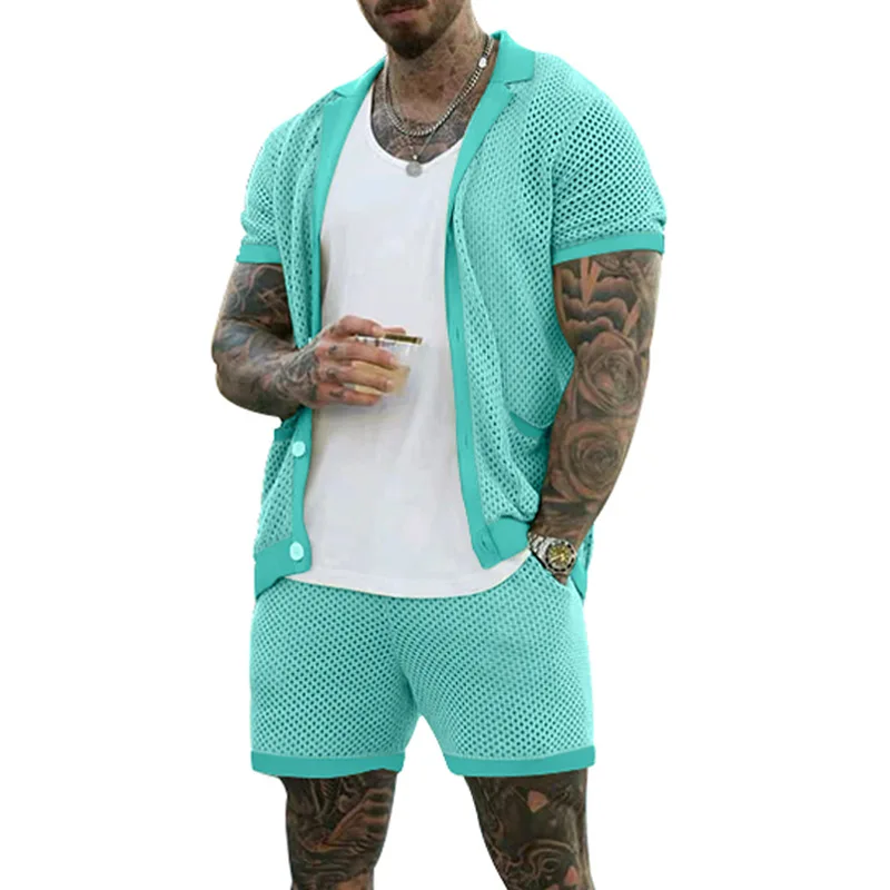 2026 Sommer Herren Ausgehöhltes Dünnes Zweiteiler-Set: Kühles, Atmungsaktives Kurzarm-Oberteil mit Passenden Shorts – Lässiges Alltagsoutfit im lockeren Schnitt – Detail 33
