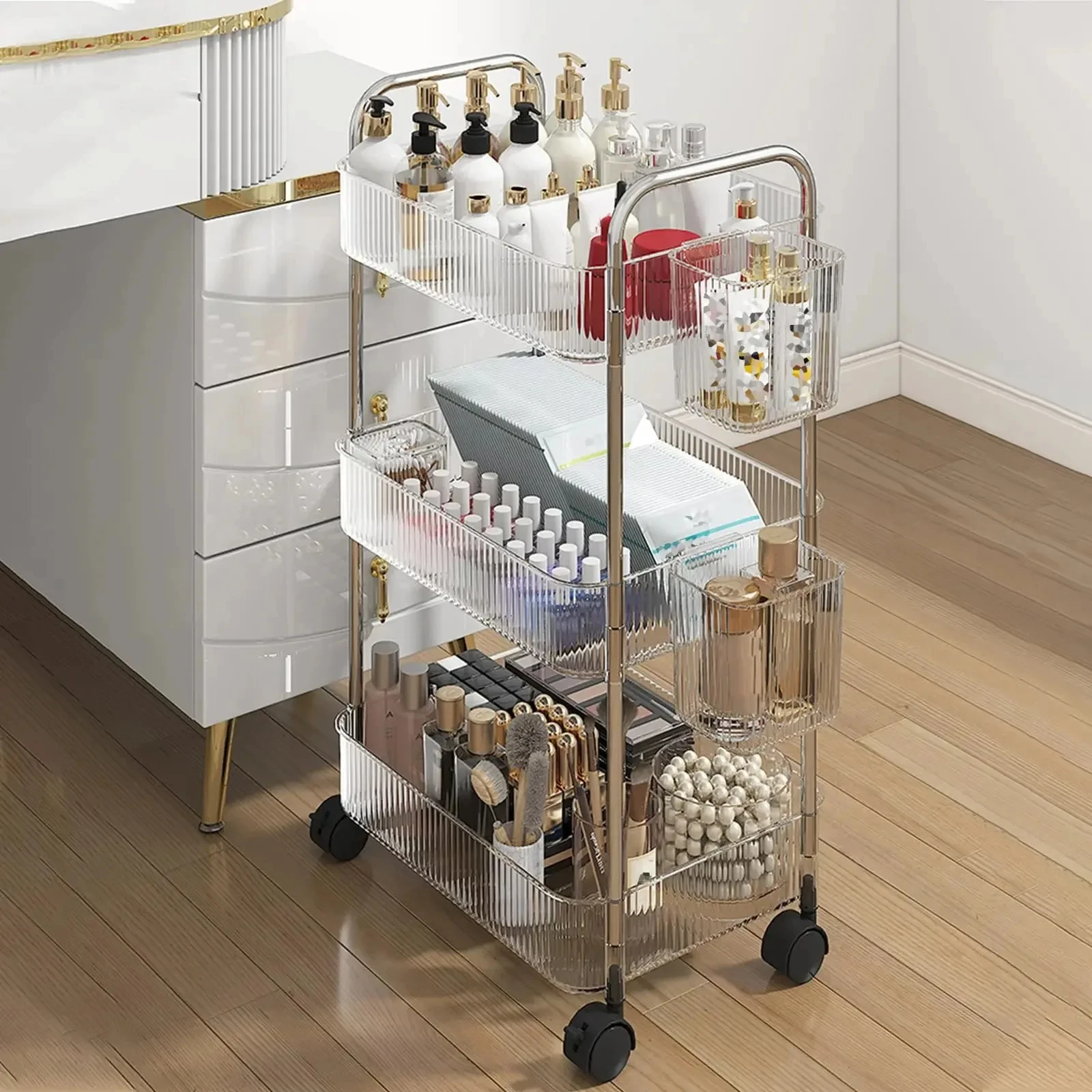 Light Luxury Storage Rack Trolley 2/3/4 Layers Transparent Acrylic Rolling Cart With Removable Hanging Baskets Snacks Bookshelf