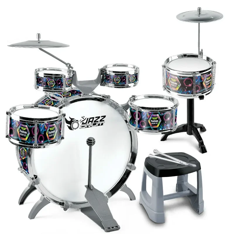 Fashion Large Children Music Jazz Drums Set (6 bębnów + 2 talerze) Zagęszczony bęben perkusyjny Fotel perkusyjny dla dzieci