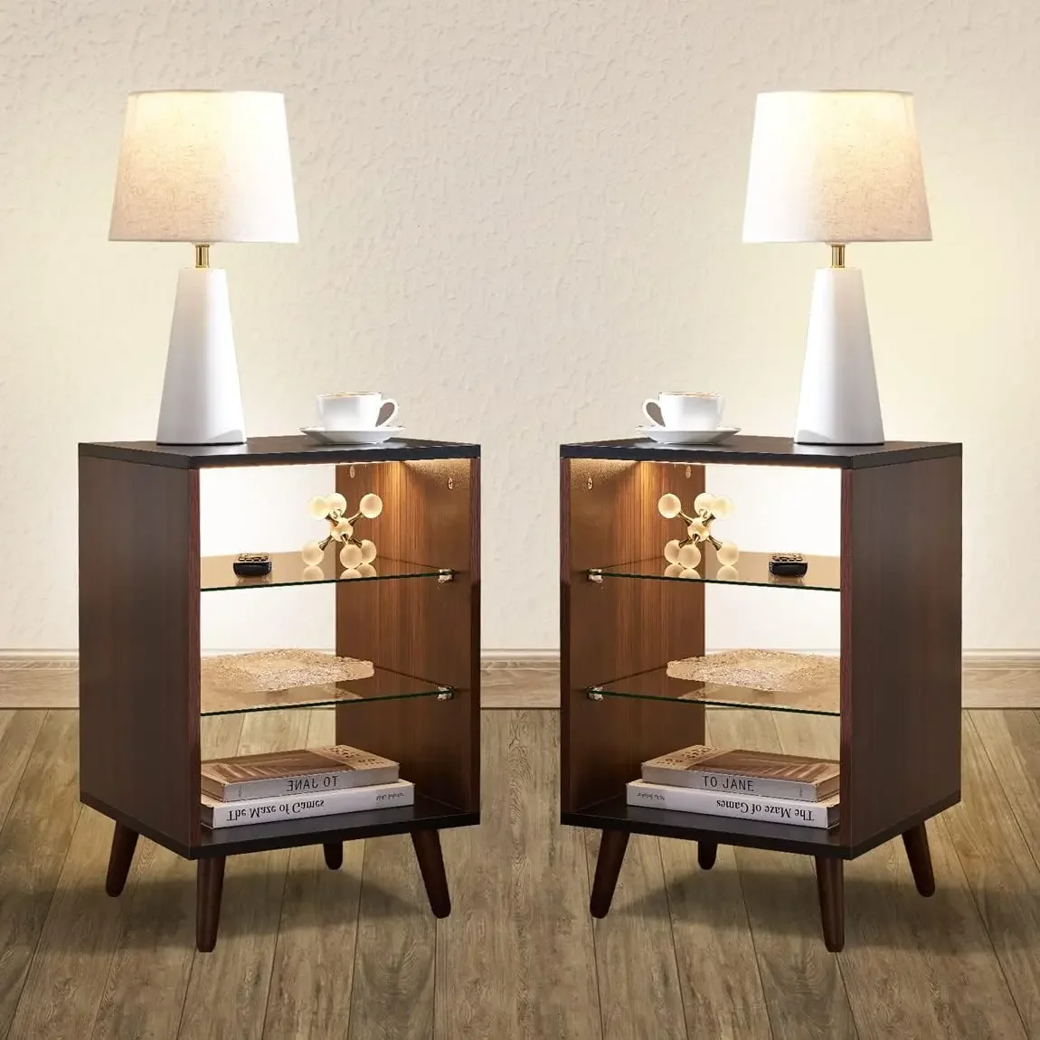 

Nightstands Set of 2 with 3 Drawers, Bedside Table Small Dresser with LED Light for Bedroom Living Room - Sturdy Wood Frame