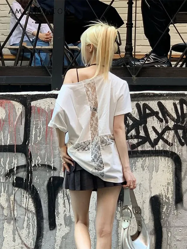 

2026 Summer Women's American Street Style Off Shoulder T-Shirt White Sheer Lace Patchwork Casual Loose Short Sleeve Top
