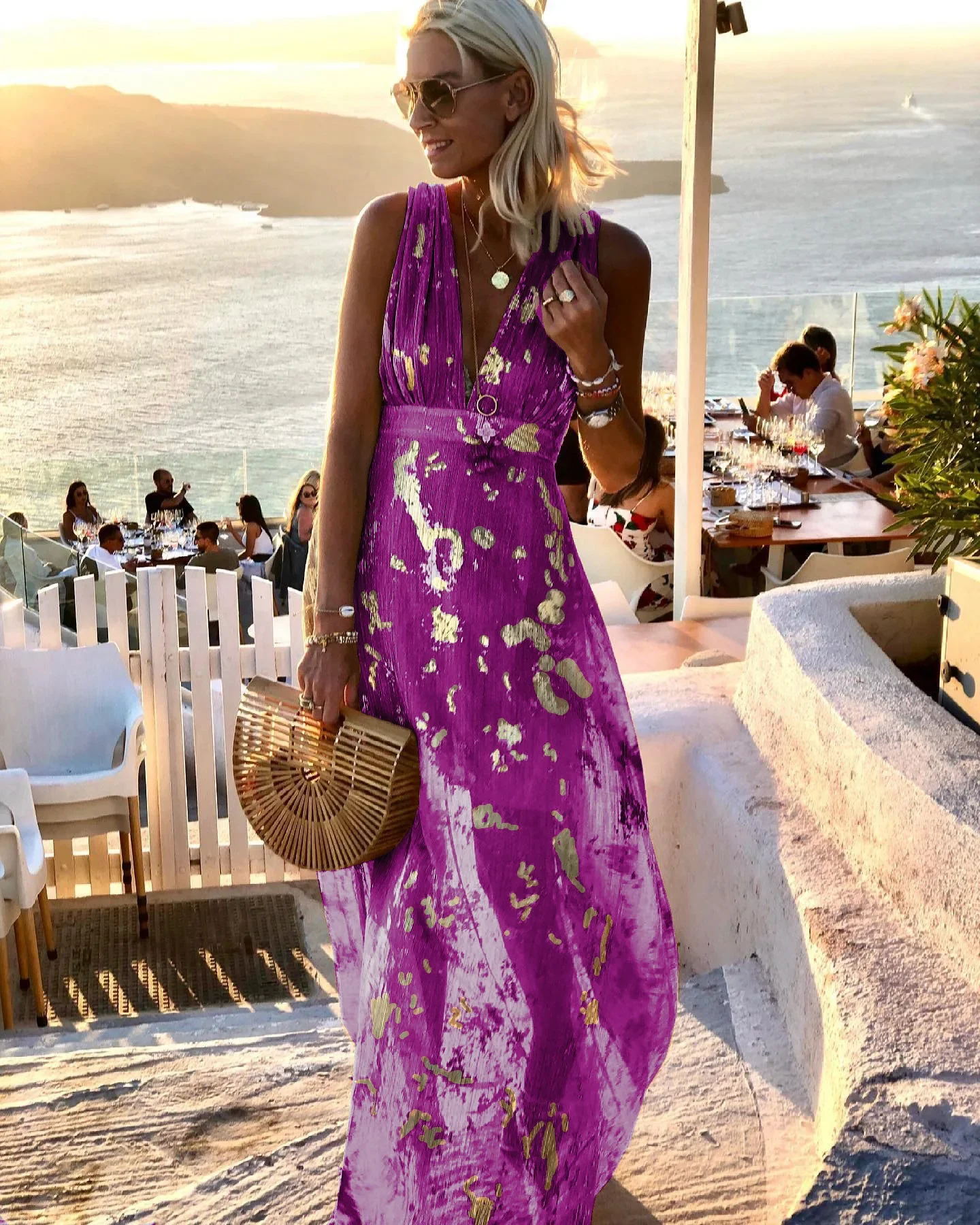 2024 Summer New Women\'s Fashion V-neck Lace Splice Dress Elegant Slimming and Charming Curve High Waist Long Dress