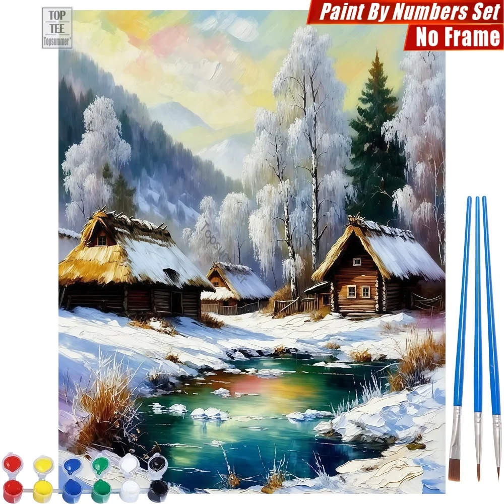 Kit de pintura por números DIY de cabañas de madera de invierno - Arte de pared en lienzo con cabañas y arroyo de nieve, regalo del Día de la Madre para esposa