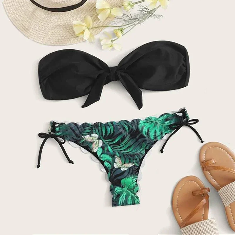 Beach Bikini 2024 Woman Sexy Front Lace Up Tie Strapless Leopard Swimsuit Female Push Up Ruffled Bow Bathing Suit Thong Swimwear