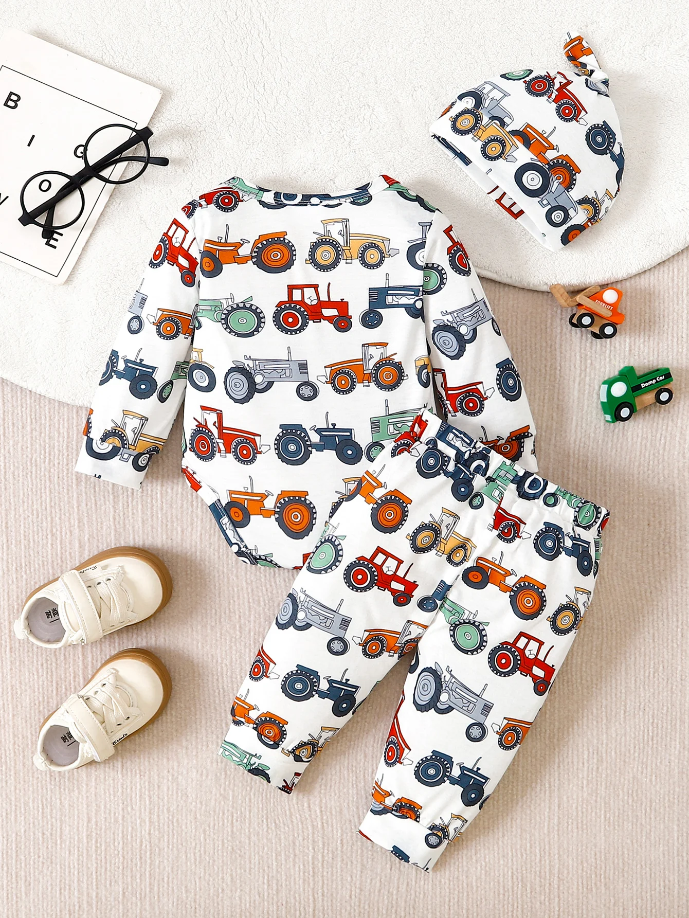 Colorful Tractor Full Print Infant Boy Bodysuit Elastic Waist Pants Knotted Hat 3 Piece Casual Long Sleeve Loungewear 1-18M