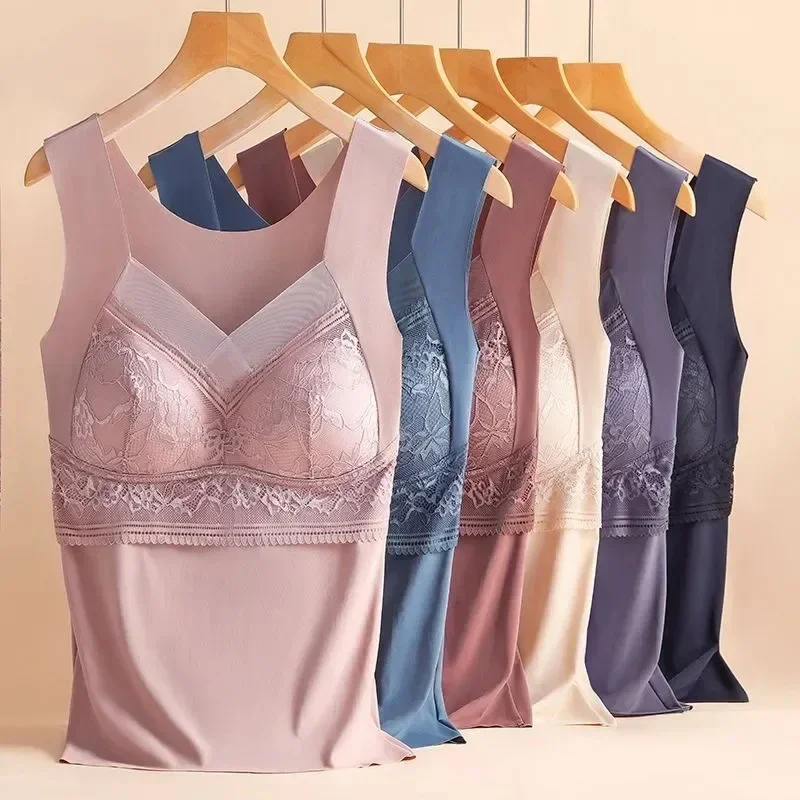 ใหม่ผู้หญิงเสื้อกั๊กกับแผ่นหน้าอกลูกไม้ Camisole V คอ Bra กับ Pad หน้าอก Slim Traceless เสื้อกั๊กผู้หญิงอบอุ่นสําหรับสุภาพสตรี