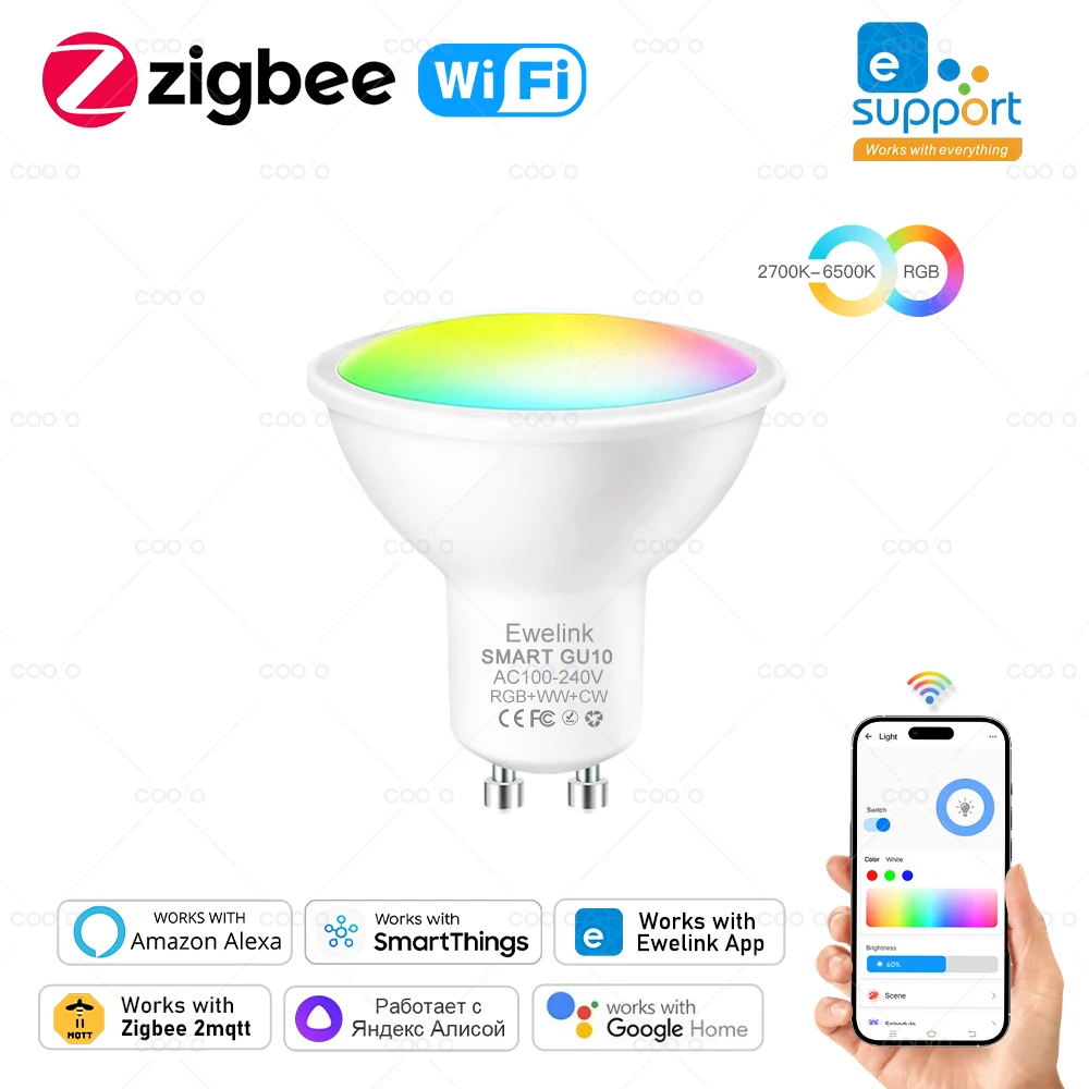 Zigbee GU10 LED Lamp Wifi Smart Spotlight Lampara 5W 110V 220V RGB+C+W Dimmable Light Bulb Work With Ewelink Alexa Google Yandex