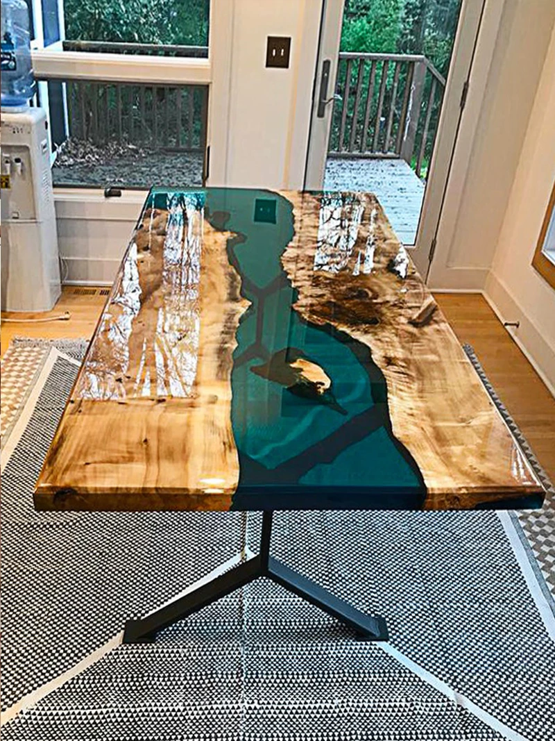 Custom epoxy resin table, large slab solid wood tea table, walnut flowing water tea table, tea table, square table