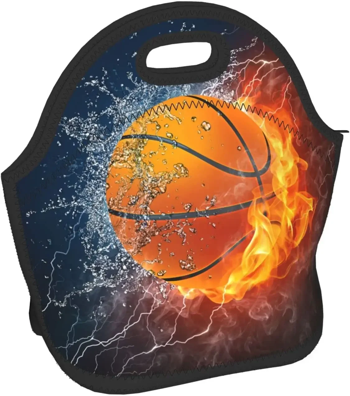 Retro Lunch Bag Basketball Ball In Fire And Water Neoprene Lunch Bag Insulated Lunch Box Tote For Adult /Kids /Travel/Picnic