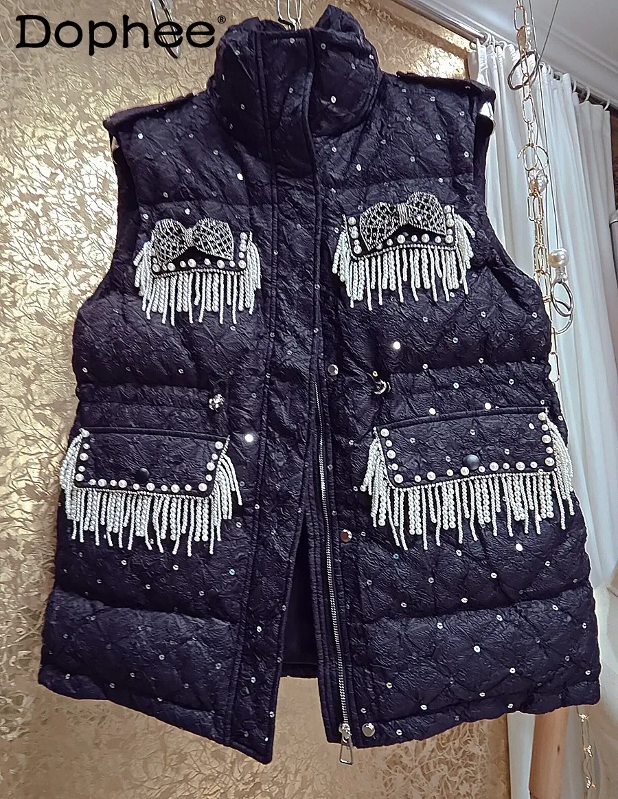 

Heavy Industry Beads Tassel Sequins Sleeveless Down Jacket Women 2023 Winter New Waist Slimming Down Stand Collar Vest Female