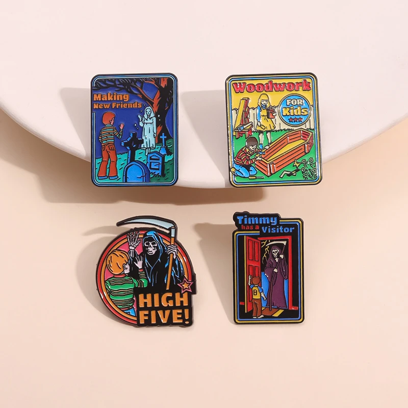 Halloween Night Death Comes Enamel Pin Woodwork Kid Timmy Has A Visitor Brooch Metal Backpack Lapel Badge Wholesale Fans Gift