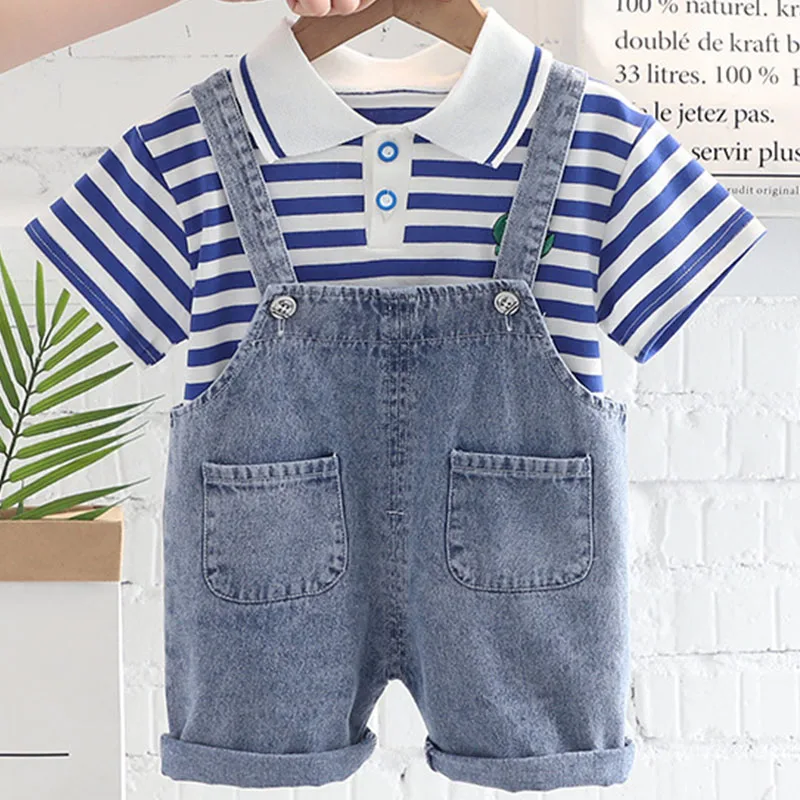 

2Piece Summer Baby Boy Clothes Korean Fashion Stripe Cartoon Short Sleeve Cotton Tops+Denim Pants Boutique Kids Clothing B071