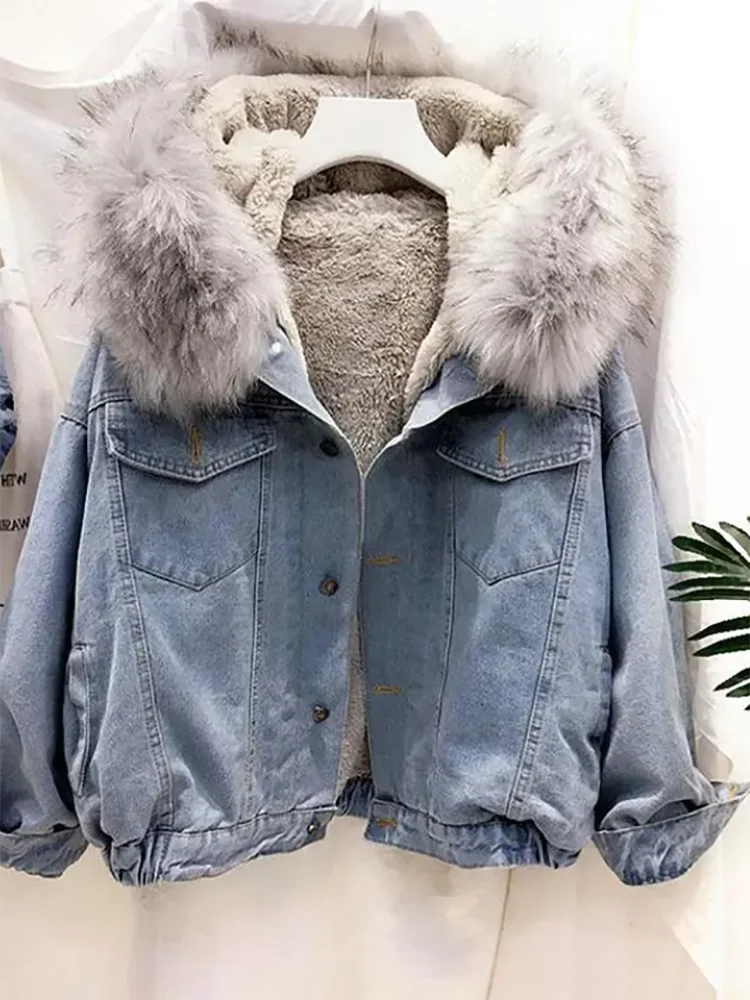 Lamb Wool Denim Jacket women\'s Outwear Autumn Winter New Korean Loose Hooded Plus Velvet Thicke Cotton-Padded Jacket Coat Tops