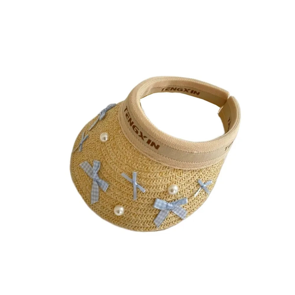 

Bowknot Kids Summer Straw Hat Wide Brim UV Protection Large Brim Sun Visor Cap Breathable Empty Top Empty Top Baseball Cap