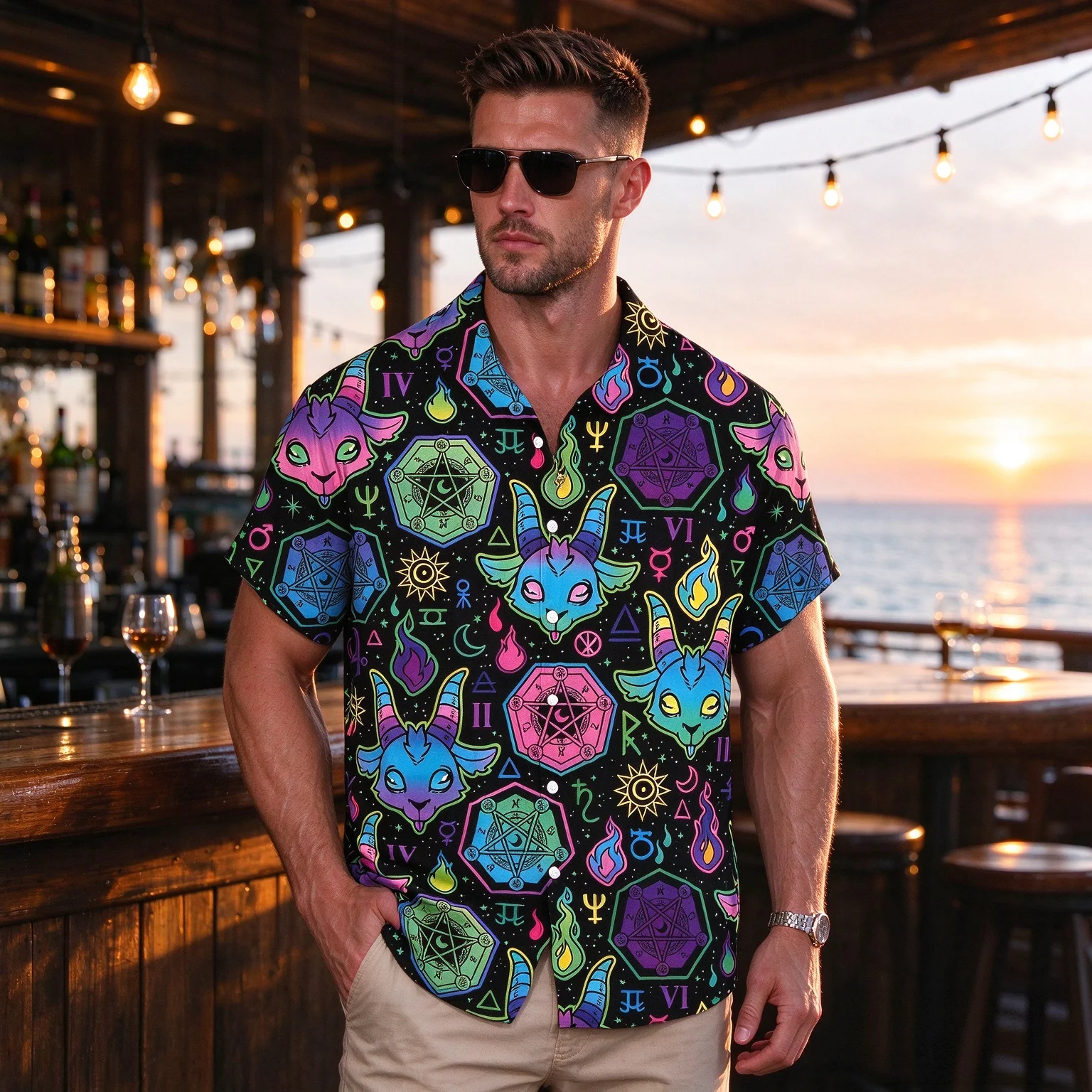 Hot Sale Men 3D Print Polyester Shirt, quick-dryStylish Comfortable Short Sleeve Lapel Occult Demon Symbol Casual Button Up Top