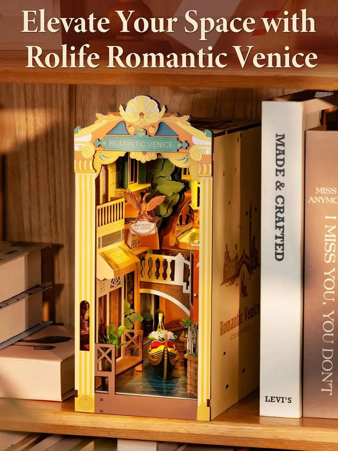 Robotime romântico veneza livro nook kits com luzes led diy casa em miniatura kit 3d quebra-cabeça de madeira decoração presentes para adultos