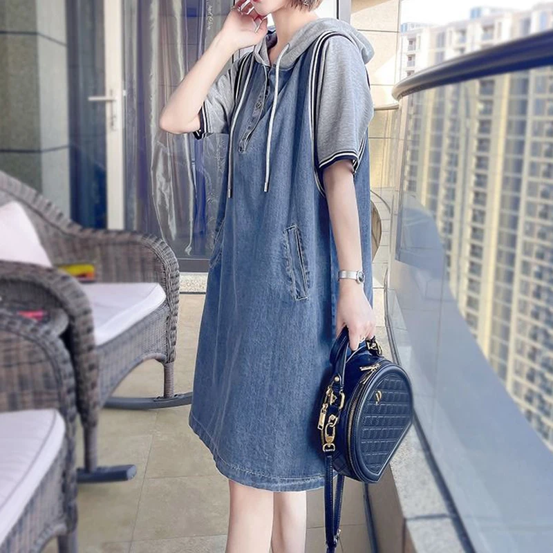 Women Korean Style Denim Patchwork Drawstring Pockets Midi Dress Summer Trendy Casual Streetwear Oversized Y2K Dresses Vestidos