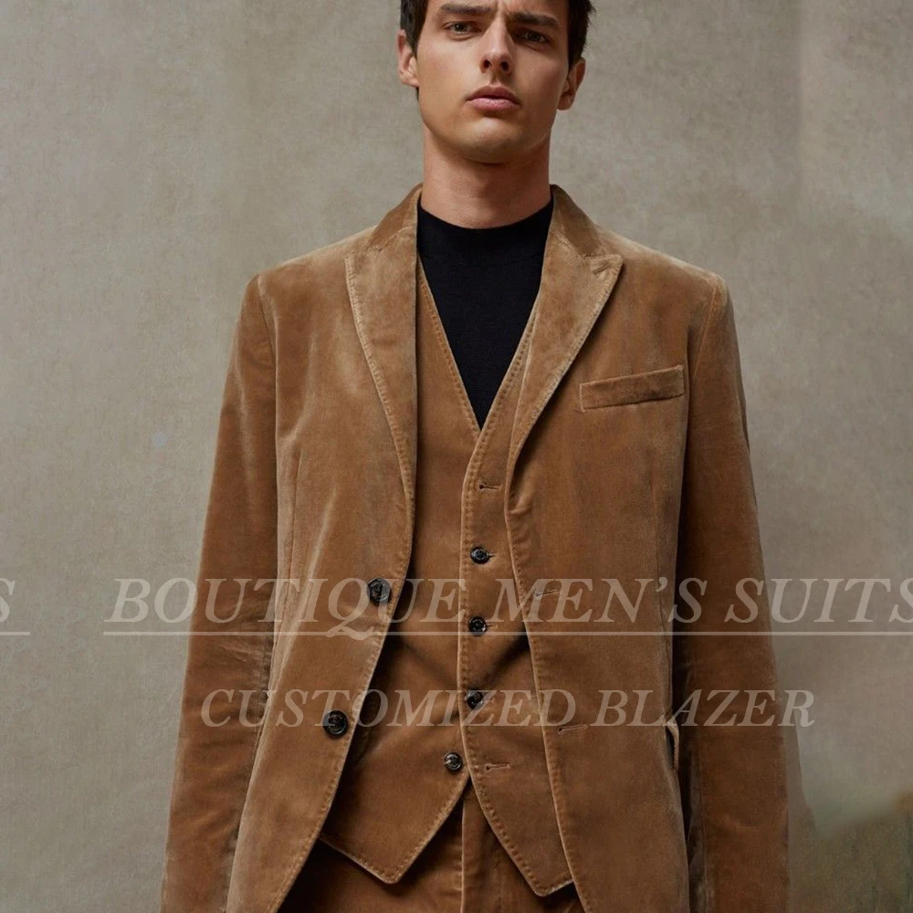 

High Quality Men's Suits Elegant Single Breasted Peak Lapel Slim Fit 3 Piece Jacket Pants Vest Elegant Velvet Male Clothing