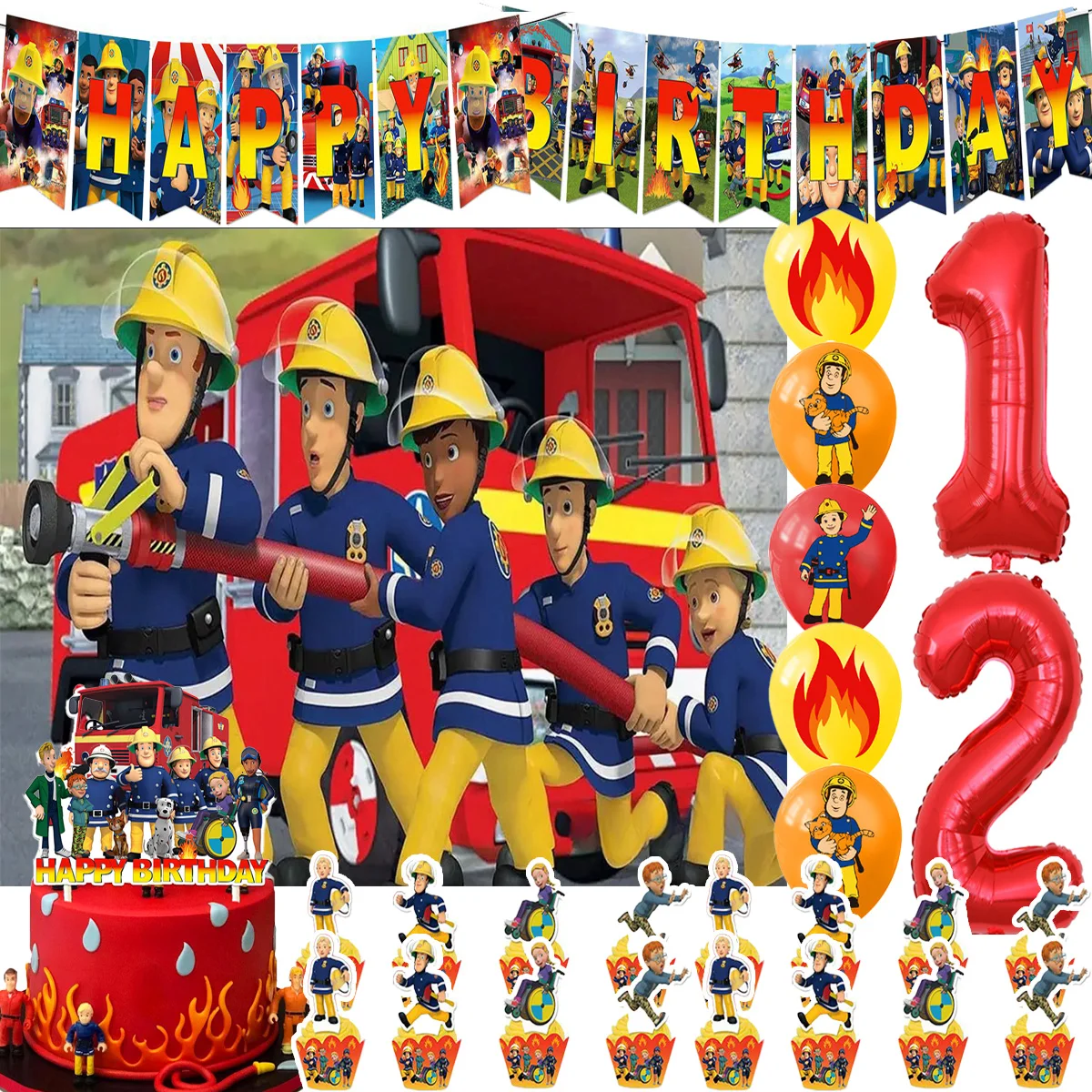 Feuerwehrmann-Thema, Geburtstagsparty-Zubehör, Dekor, roter Latex-Ballon, Kuchenaufsatz, Banner, Sams&Fire Trucks, Hintergrund, Babyparty-Requisiten