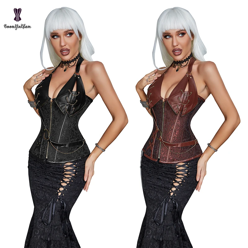 

Adjustable Halter-neck Leather Corset Top For Women Front Zip Waist Training Bustier Punk Style Plus Size Vintage Corselet