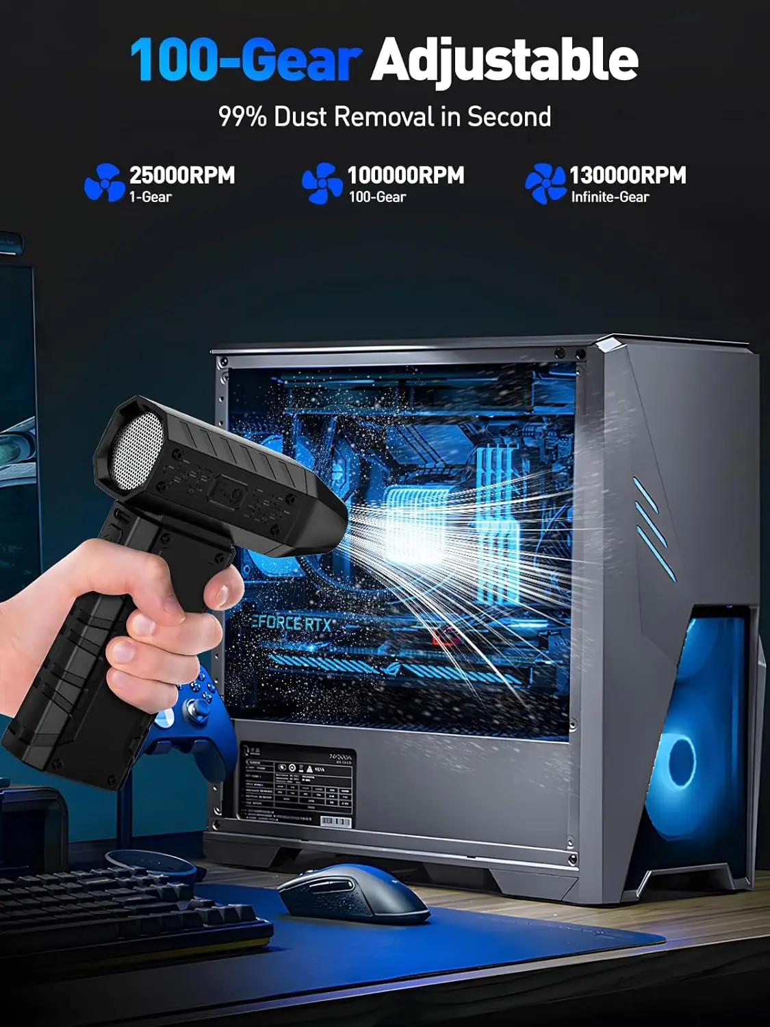 منفاخ هواء مضغوط 130K RPM منفاخ كهربائي لاسلكي مع ضوء LED، قابل للتعديل وقابل لإعادة الشحن للوحة المفاتيح والإلكترونيات والسيارة