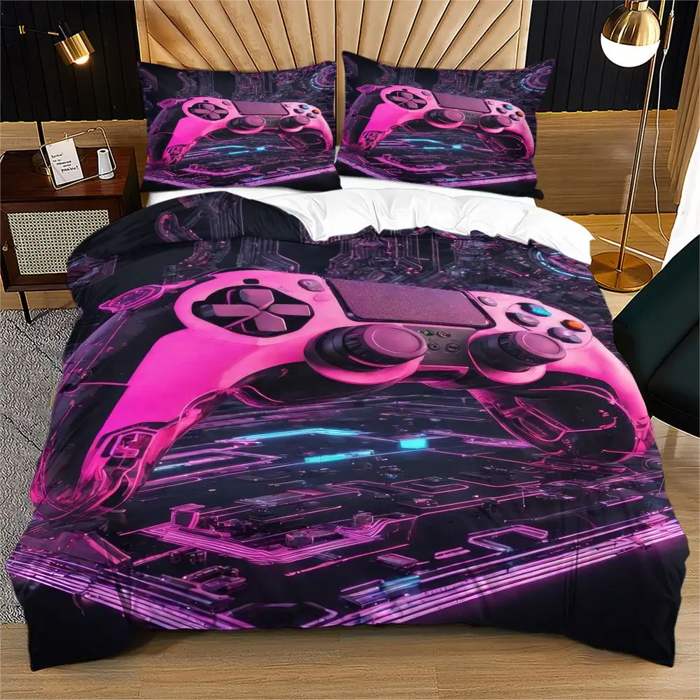 Gaming Controller Duvet Cover Set Neon Pink Tech Bedding Set Digital Print Microfiber Quilt Cover for Teens Bedroom Decor