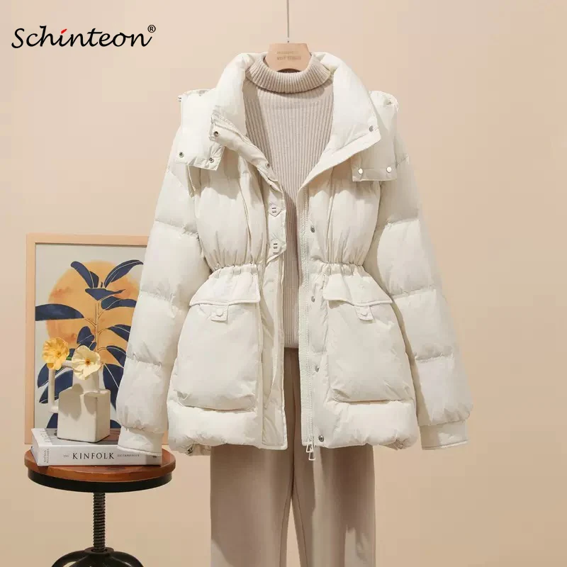 

Schinteon Women White Duck Down Jacket Autumn Winter Casual Slim Outwear Drawstring with Hood Korean Style Coat 2024 New