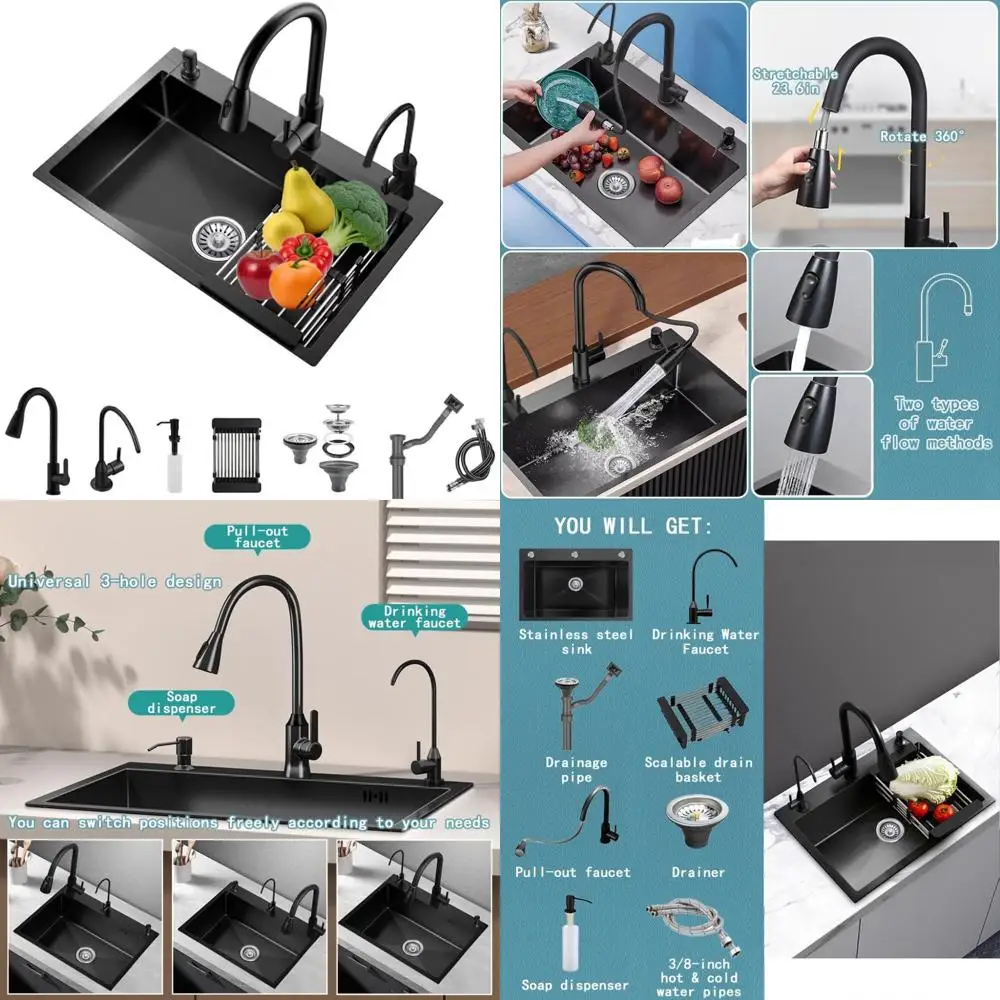 

Black Single Bowl Sink with faucet,Large Capacity Stainless Steel Drop In Kitchen Sink,Topmount Utility Workstation Sink With Mu
