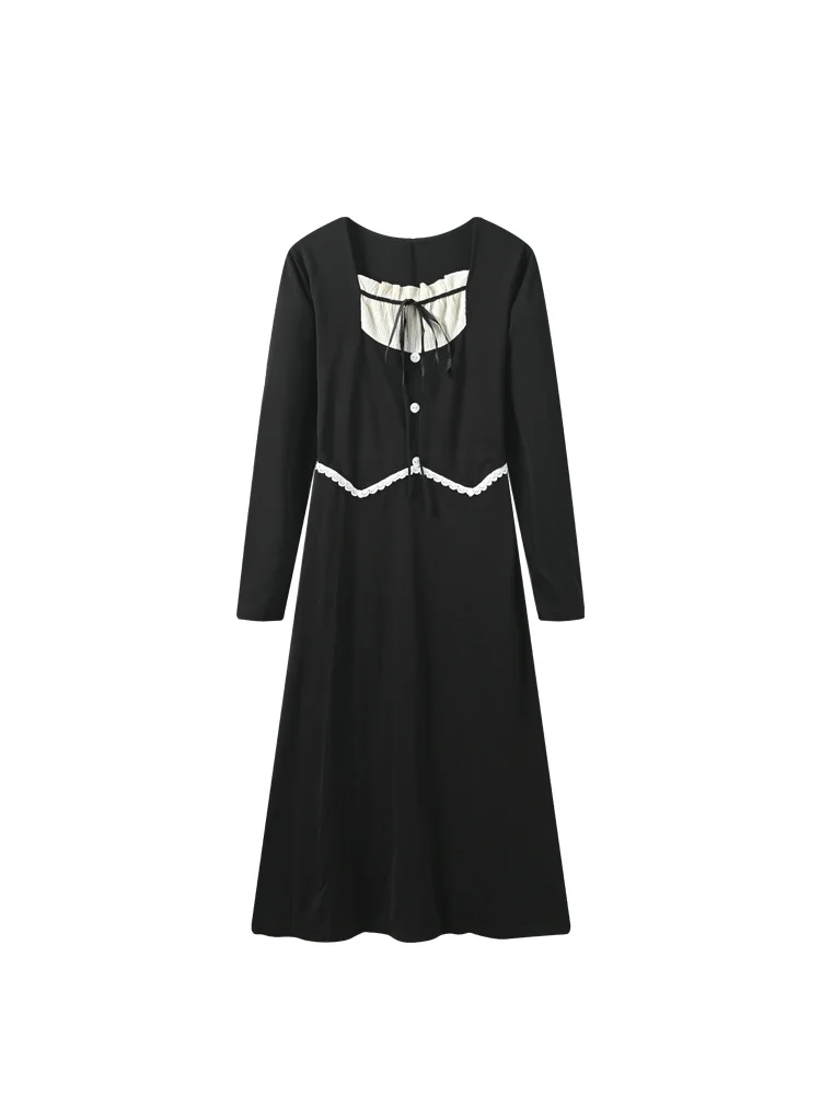 

Vintage Long Sve Midi Dr Women's Autumn plus Size Waist Cinched Square Collar Casual Dr Polyester Fiber Stand Fit