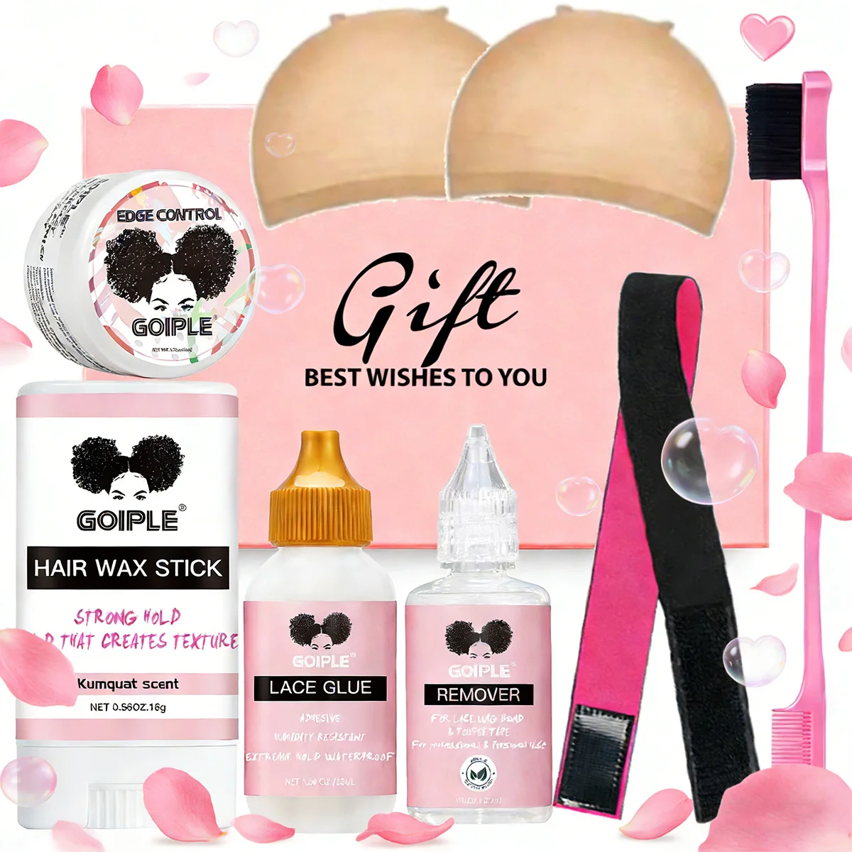 

Подарочный набор ко Дню святого Валентина для подруг: воск для укладки волос, гель для фиксации прически, невидимый клей для париков и средство для удаления клея для париков.