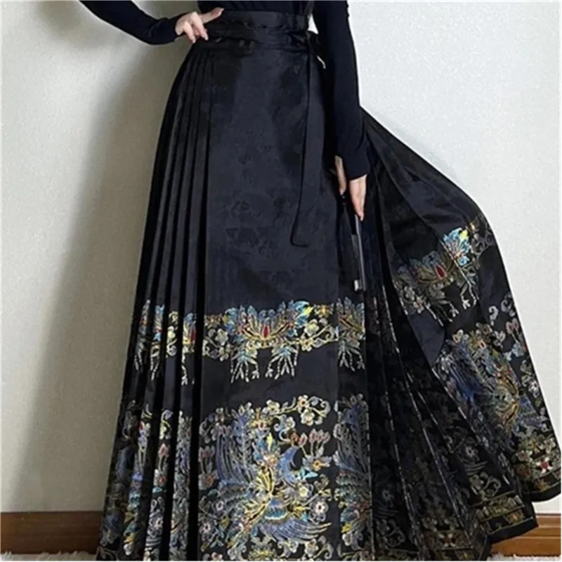 Mamianqun Hanfu-Falda plisada tradicional de estilo chino para mujer, faldas largas con cordones que combinan con todo, color negro, moda fina, 2493