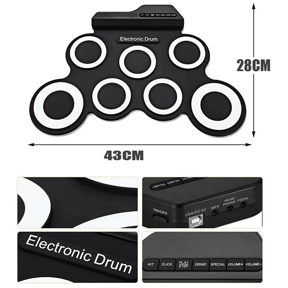 Electronic Drum Set USB Roll-Up Silicon Drums Pad Digital Foldable Electric Portable Compact Size Kit Hand Practice With Pedal