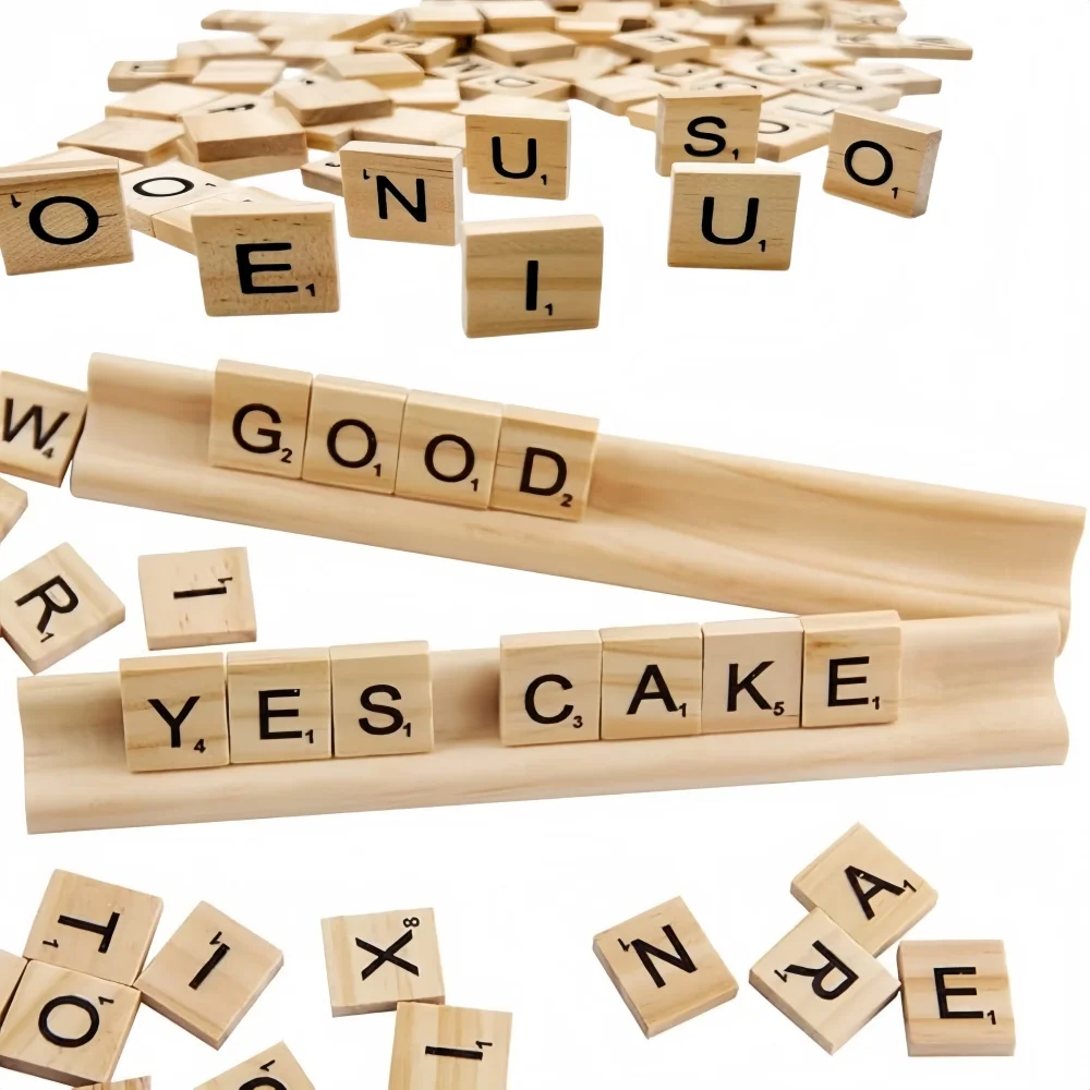 100 Piezas de Bloques de Letras de Madera, 1 Soporte para Bloques de Scrabble, Kit de Manualidades - Bloques de Letras DIY para Decoración del Hogar, Bodas, Fiestas y Navidad