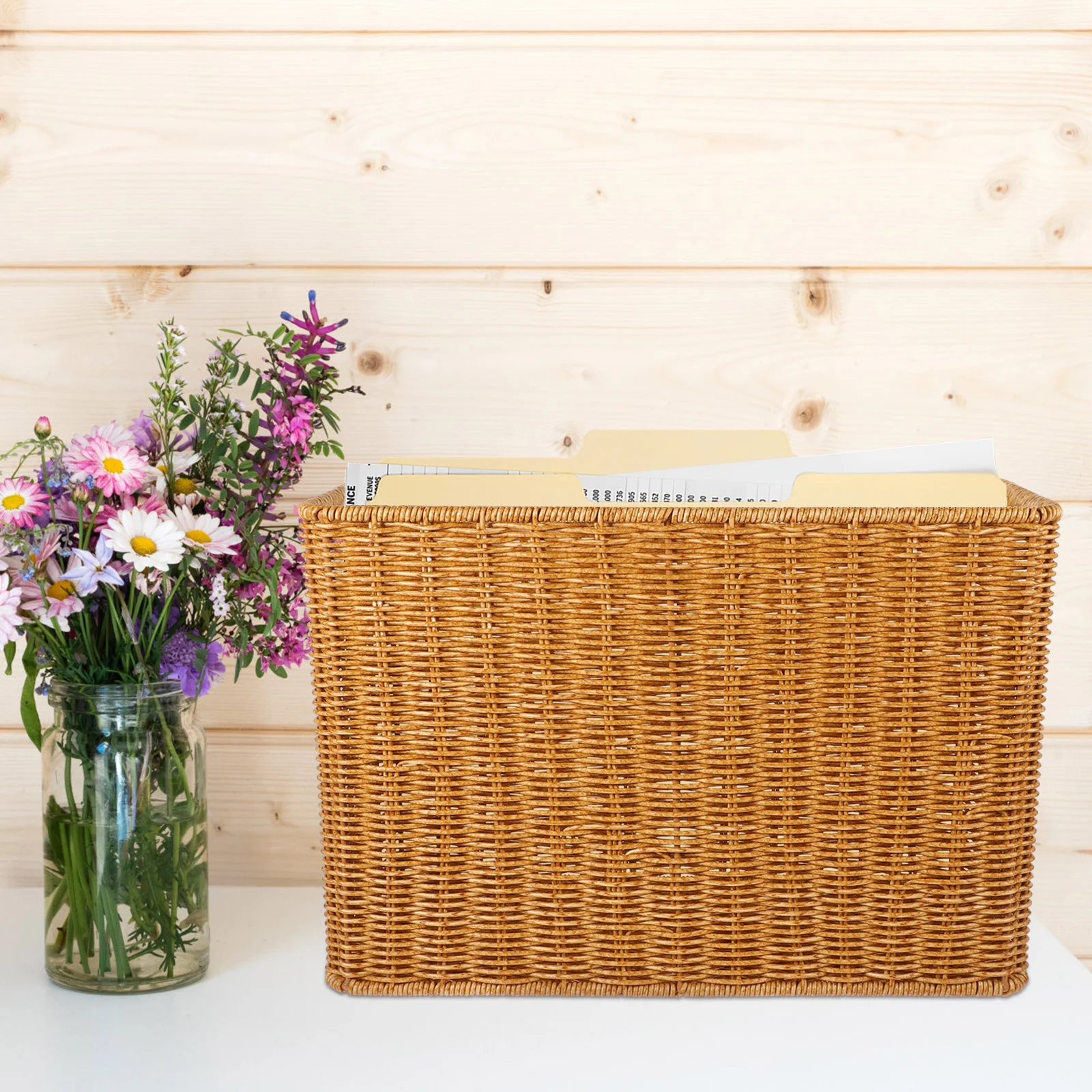 Magazine Newspaper Basket Handwoven Imitated Rattan Vegetables Holder Storage Toiletries Desktop Organizer Piggy Bank for Boys