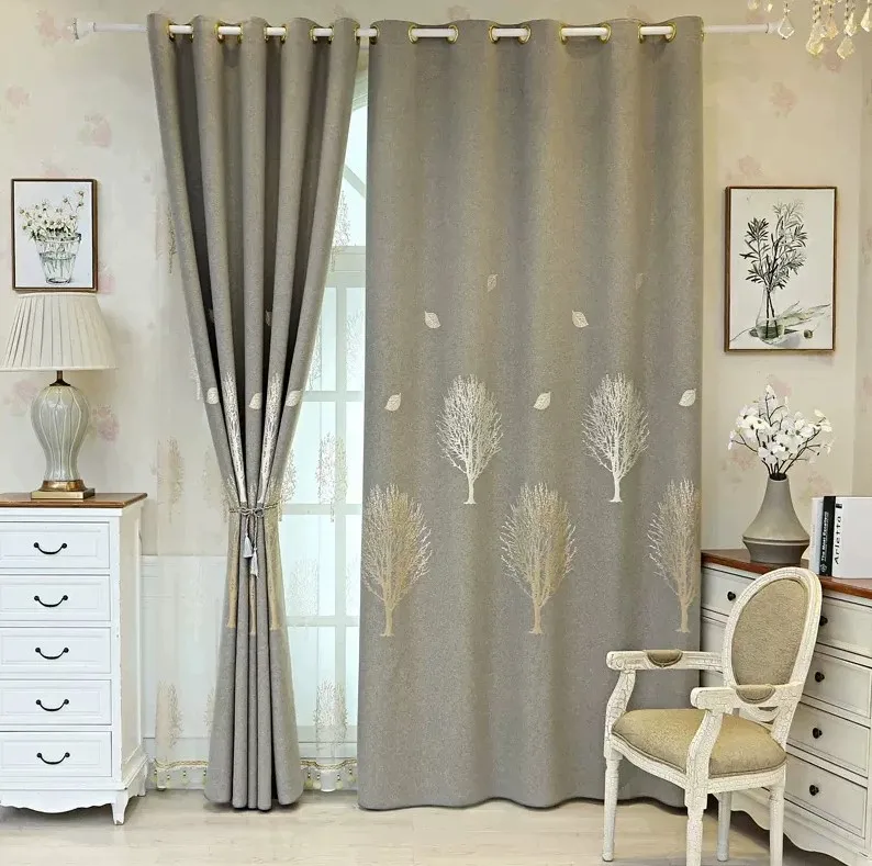 

Custom Size European Blackout Curtain for Living Room Tulle Bedroom Cotton Linen Jacquard Sheer Simple Fresh Fortune Tree Print