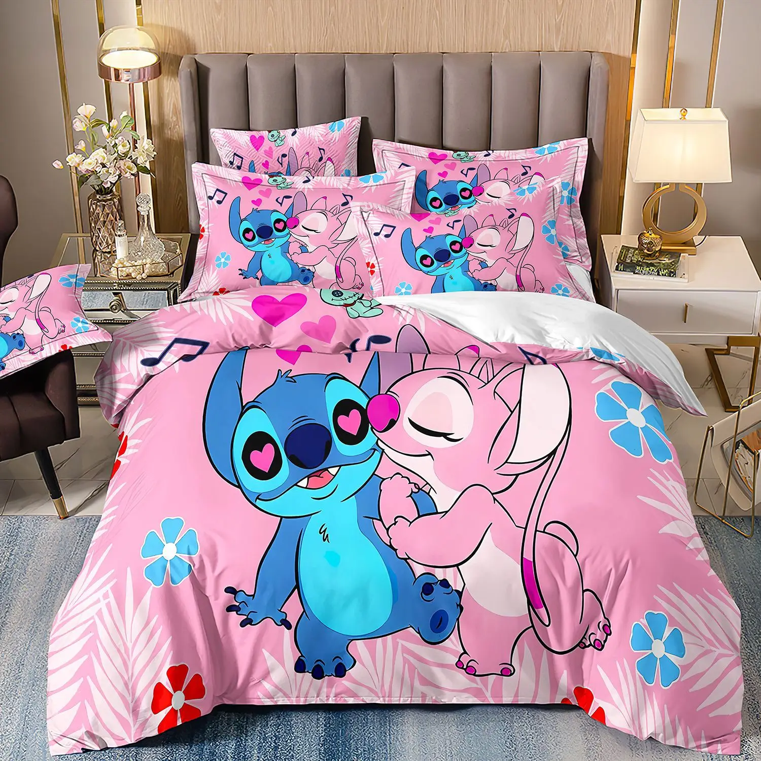 Set tempat tidur kartun Anime Disney Set Kawaii Stitch selimut penutup selimut sarung bantal kamar tidur dekorasi anak perempuan Set tempat tidur ukuran King kembar